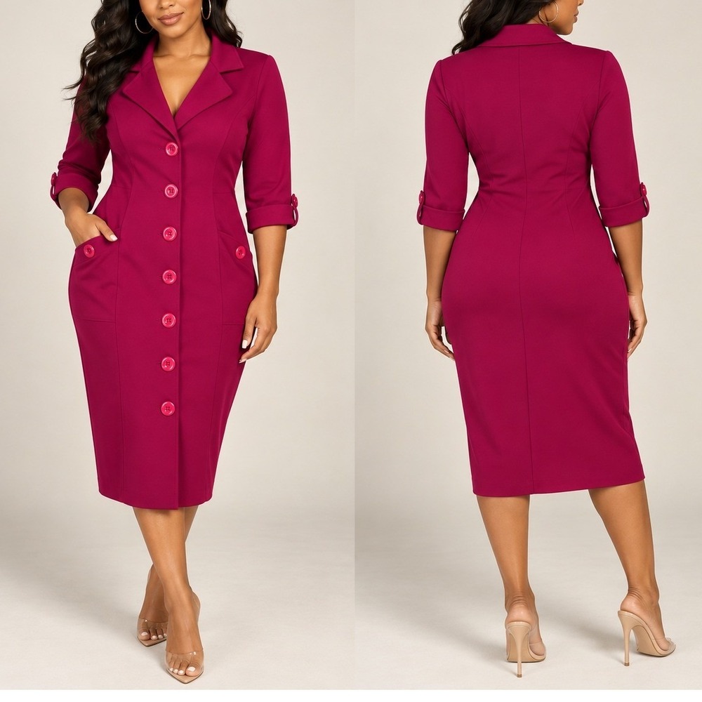 Vintage 90s Spiegel Magenta Pink Button Front Sheath Dress 4 Tailored Pockets